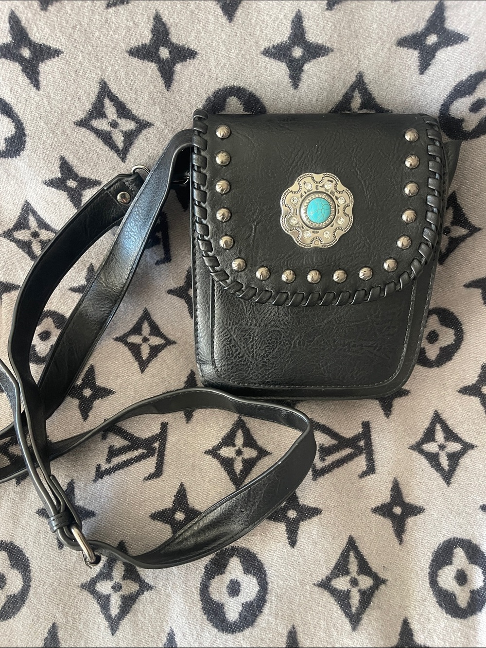 NWT Black Crossbody Bag with Turquoise Medallion Accent